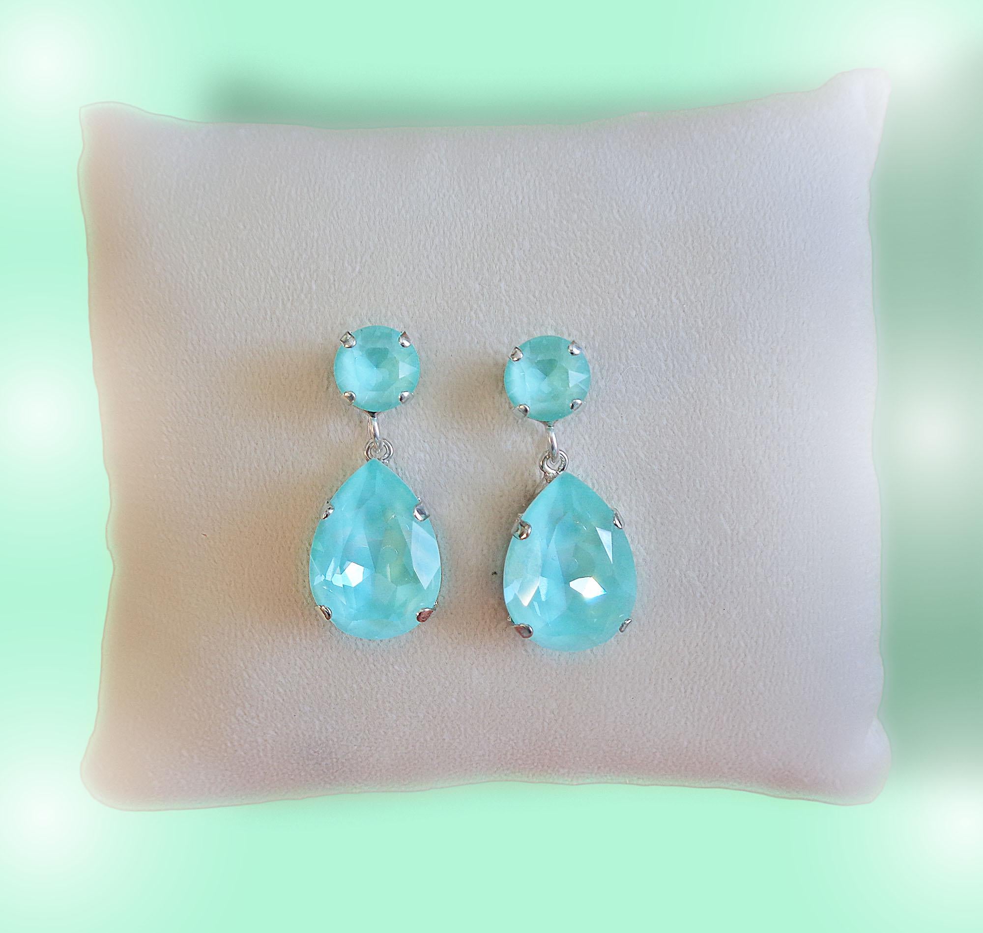 Crystal pear drop earrings,soft mint,silver plated