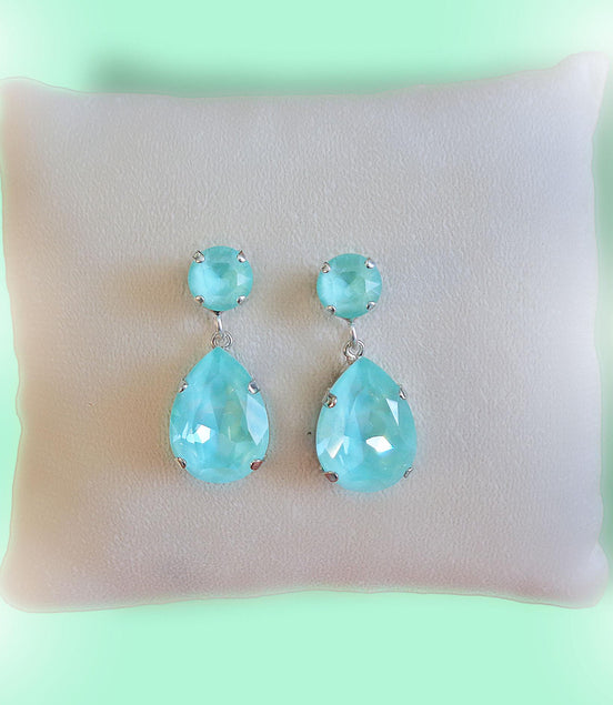 Crystal pear drop earrings,soft mint,silver plated