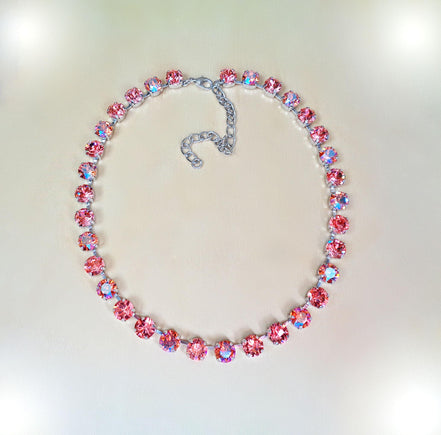 PINK AND PEACH  crystal necklace peach shimmer,rhodium silver