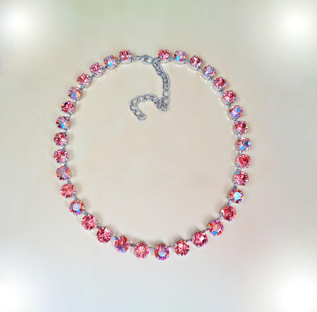 PINK AND PEACH  crystal necklace peach shimmer,rhodium silver
