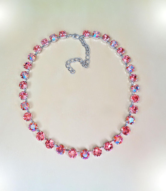 PINK AND PEACH  crystal necklace peach shimmer,rhodium silver