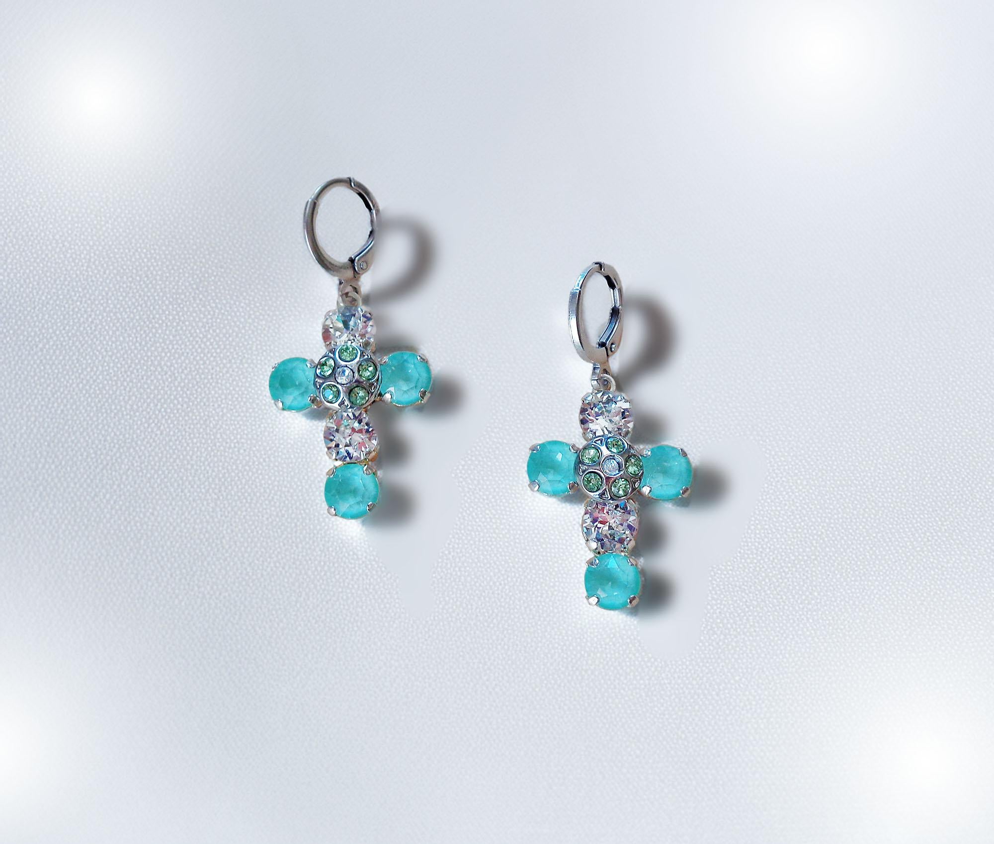 Crystal drop  cross earrings mint green,clear crystal,silver plated