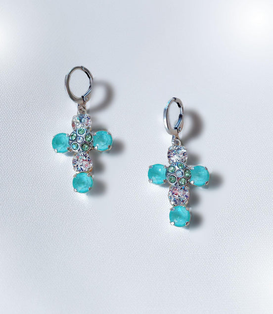Crystal drop  cross earrings mint green,clear crystal,silver plated