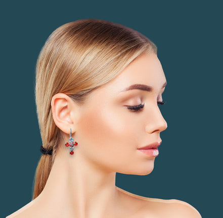 Crystal drop cross earrings bright red,blue,silver plated