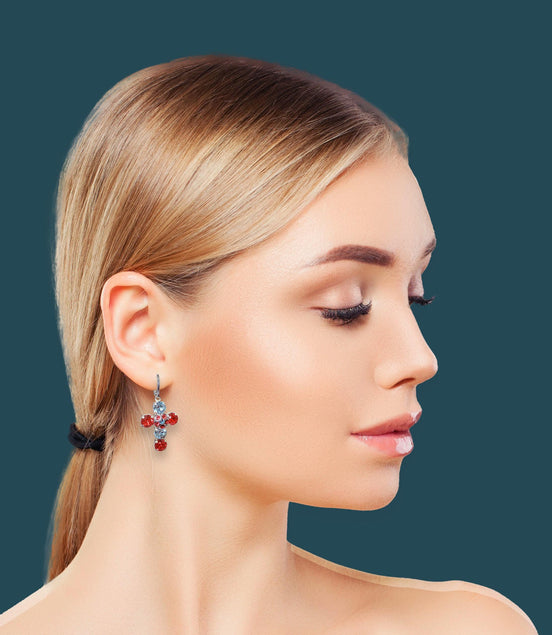 Crystal drop cross earrings bright red,blue,silver plated