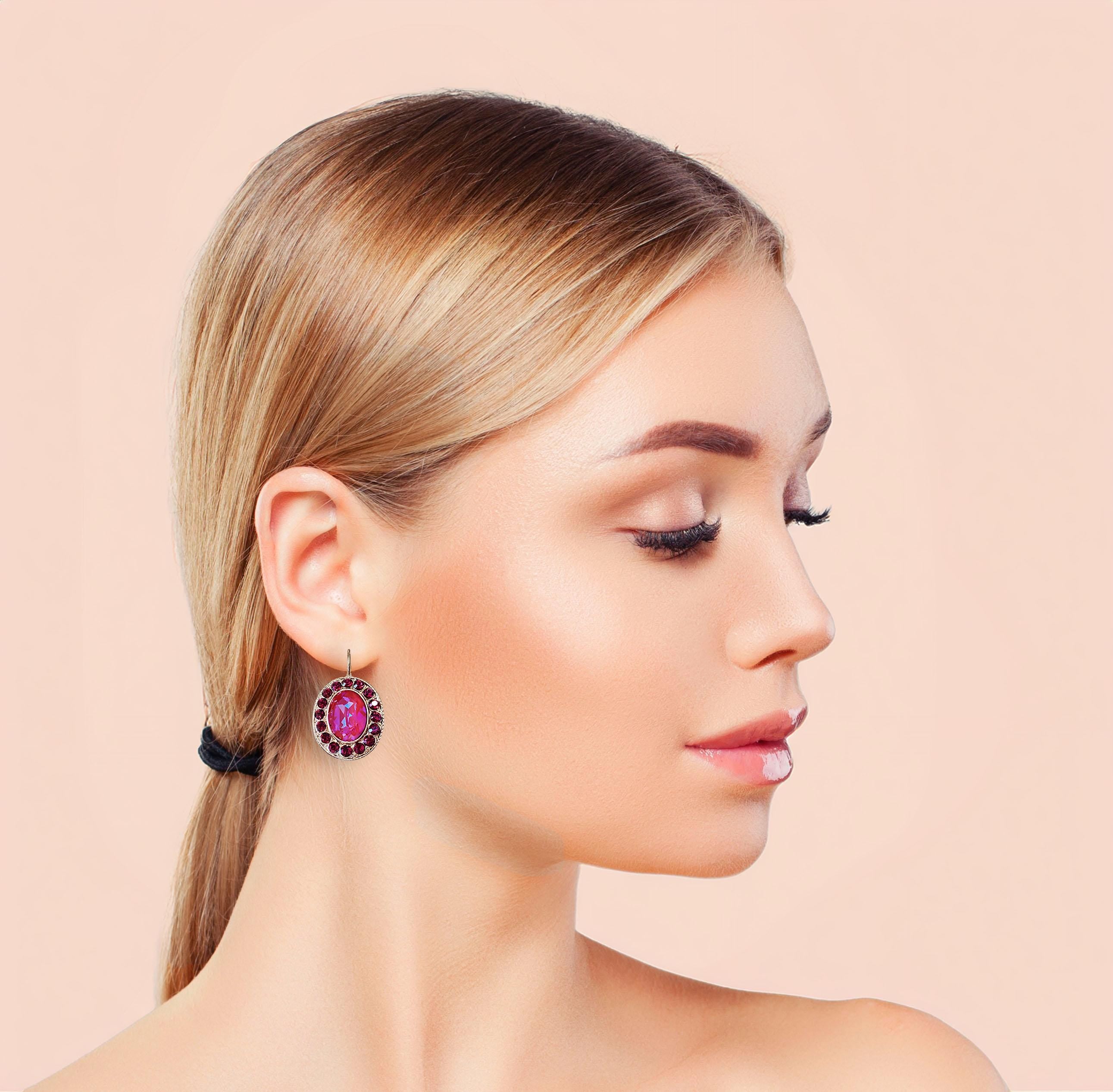 AMANDA,crystal oval drop earrings,ruby,lotus pink ,yellow gold