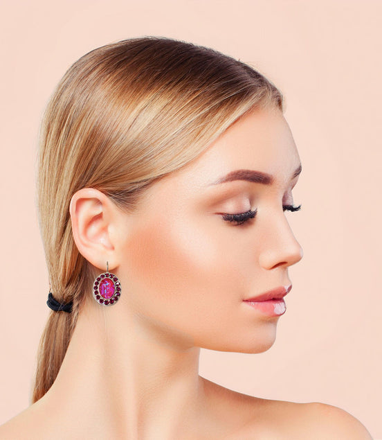 AMANDA,crystal oval drop earrings,ruby,lotus pink ,yellow gold