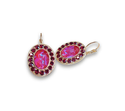 AMANDA,crystal oval drop earrings,ruby,lotus pink ,yellow gold