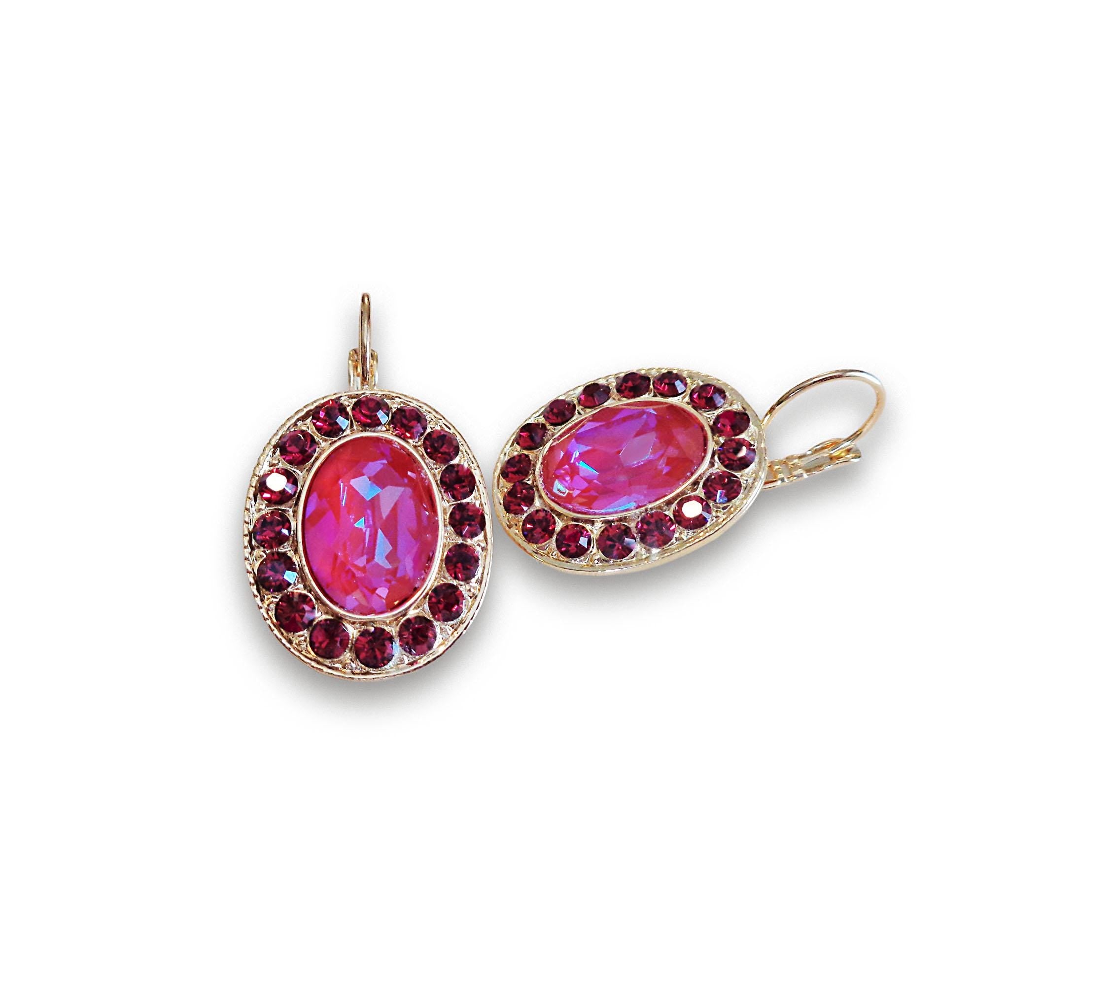 AMANDA,crystal oval drop earrings,ruby,lotus pink ,yellow gold