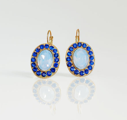 GEMMA Crystal  large oval drop earrings white opal,blue, gold plated