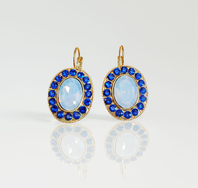 GEMMA Crystal  large oval drop earrings white opal,blue, gold plated