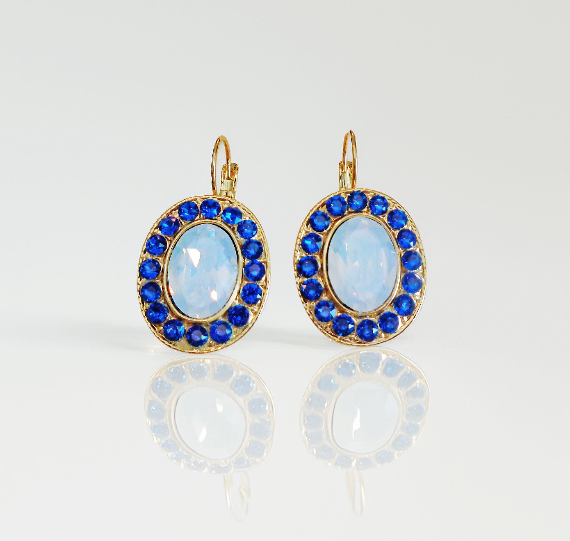GEMMA Crystal  large oval drop earrings white opal,blue, gold plated