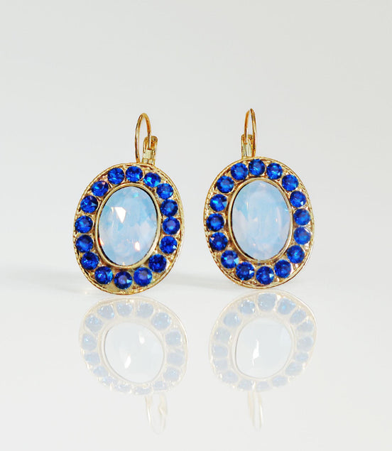 GEMMA Crystal  large oval drop earrings white opal,blue, gold plated