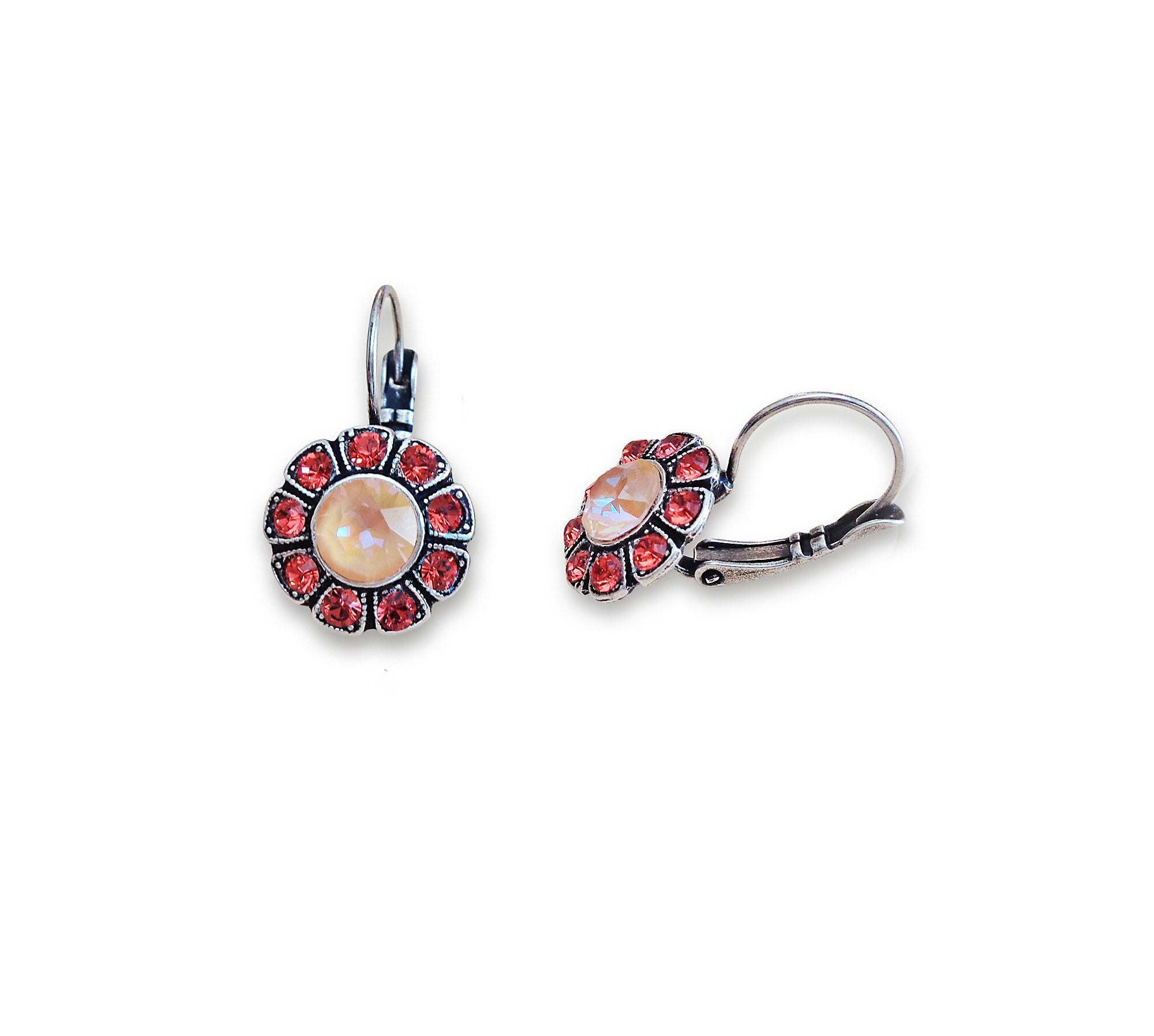 CALLA crystal floral drop earrings,padparadchsa ,light peach ,antique silver