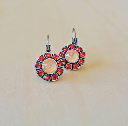 CALLA crystal floral drop earrings,padparadchsa ,light peach ,antique silver