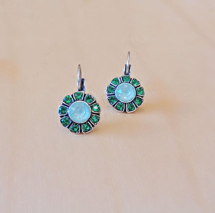 DAHLIA crystal floral drop earrings,bright green,antique silver