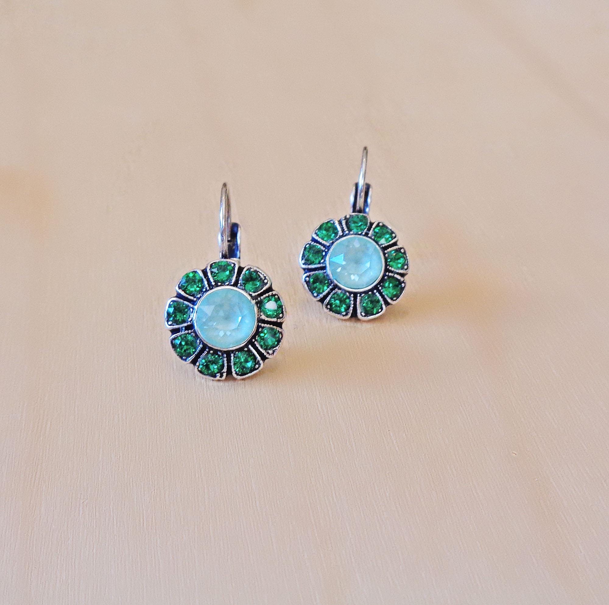 DAHLIA crystal floral drop earrings,bright green,antique silver