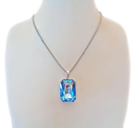 Collier pendentif en pierre rectangulaire fantaisie grand cristal Swarovski 27X18,5 mm aigue-marine, chaîne en acier inoxydable