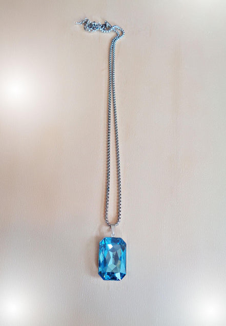 Collier pendentif en pierre rectangulaire fantaisie grand cristal Swarovski 27X18,5 mm aigue-marine, chaîne en acier inoxydable
