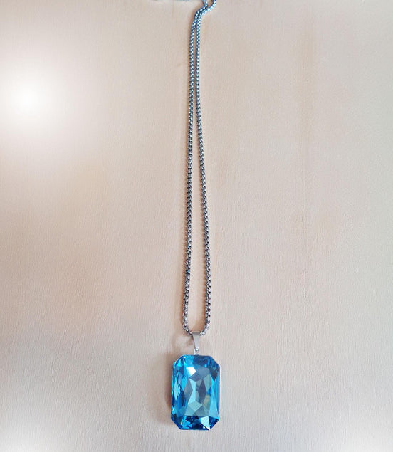Crystal  large rectangular pendant necklace aquamarine,stainless steel