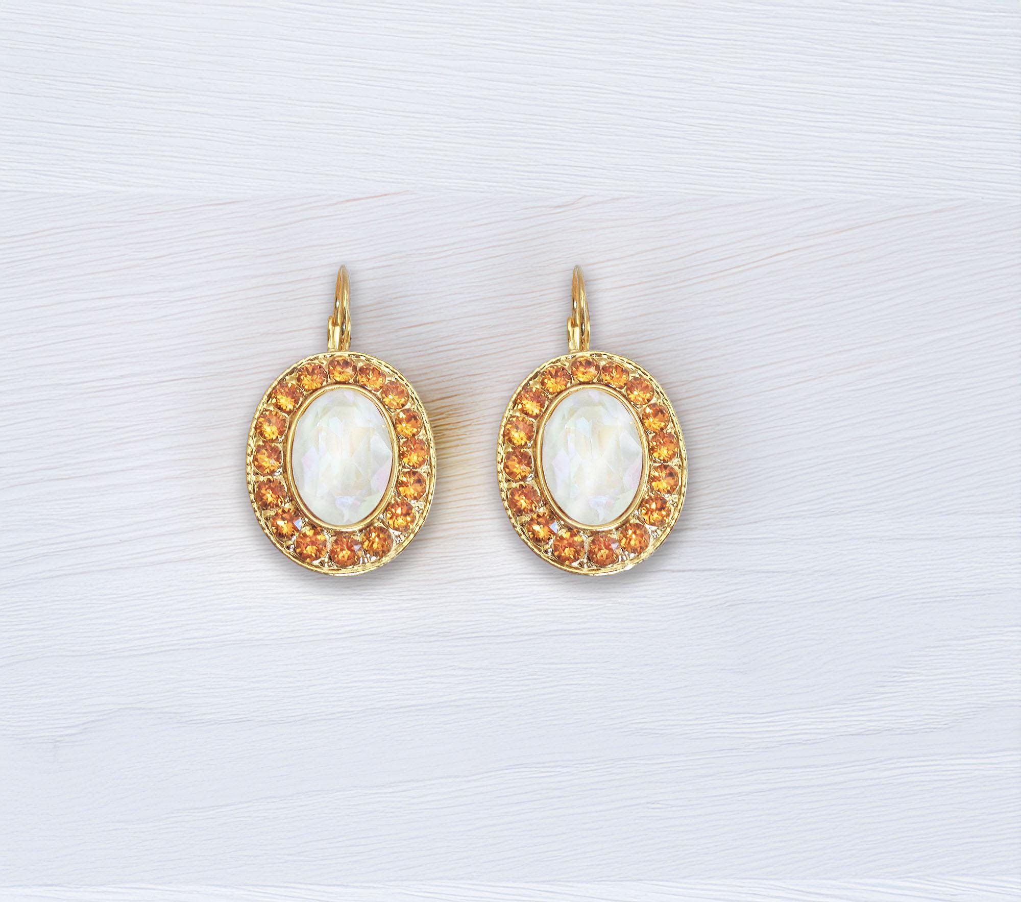 CLEMENTINE Crystal  large oval drop earrings  topaz,white,gold plated