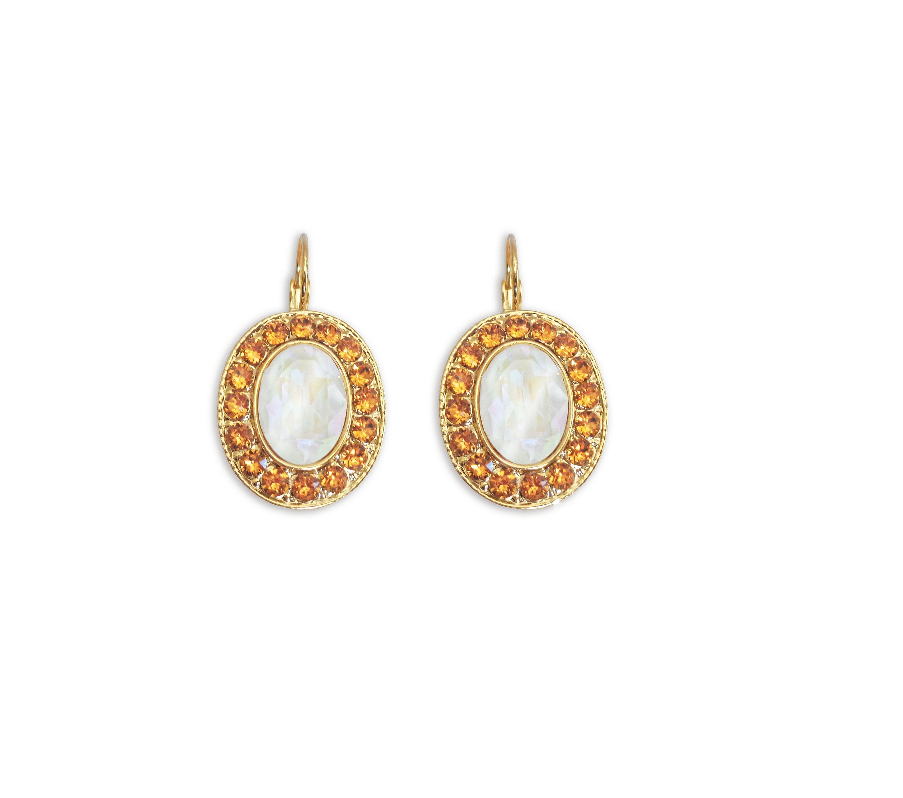 CLEMENTINE Crystal  large oval drop earrings  topaz,white,gold plated