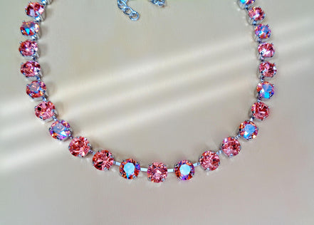 PINK AND PEACH  crystal necklace peach shimmer,rhodium silver