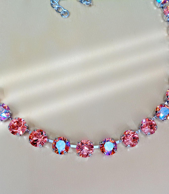 PINK AND PEACH  crystal necklace peach shimmer,rhodium silver