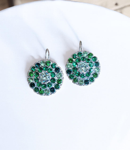 NEPHELE Large crystal floral design drop earrings,green ,rhodium silver
