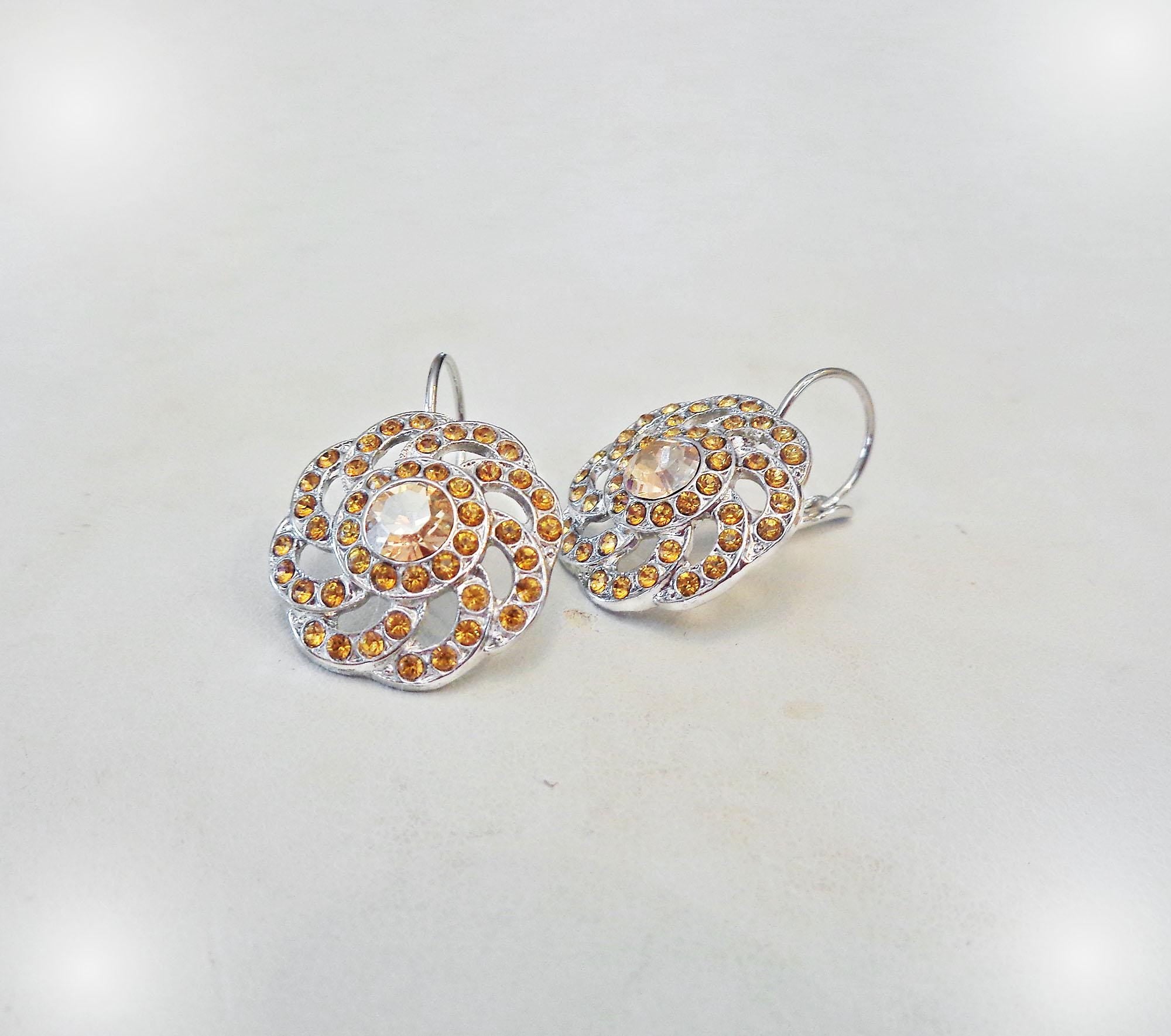JACQUELINE crystal swirl design drop earrings,golden topaz,rhodium silver