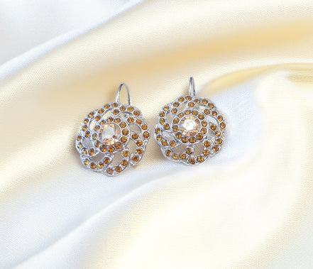 JACQUELINE crystal swirl design drop earrings,golden topaz,rhodium silver
