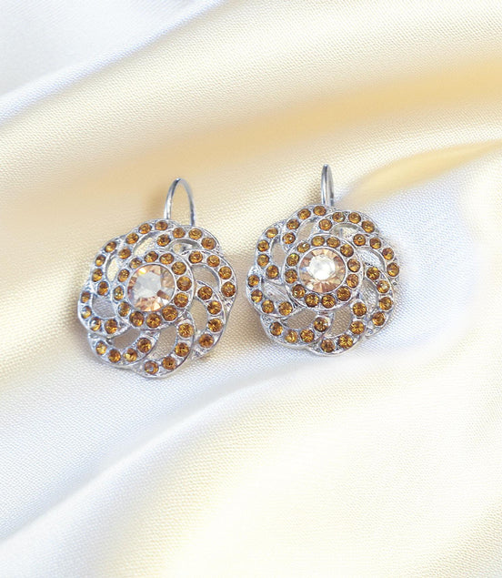 JACQUELINE crystal swirl design drop earrings,golden topaz,rhodium silver