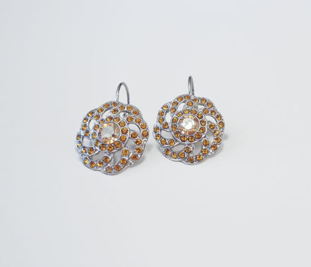 JACQUELINE crystal swirl design drop earrings,golden topaz,rhodium silver