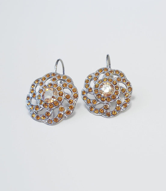 JACQUELINE crystal swirl design drop earrings,golden topaz,rhodium silver