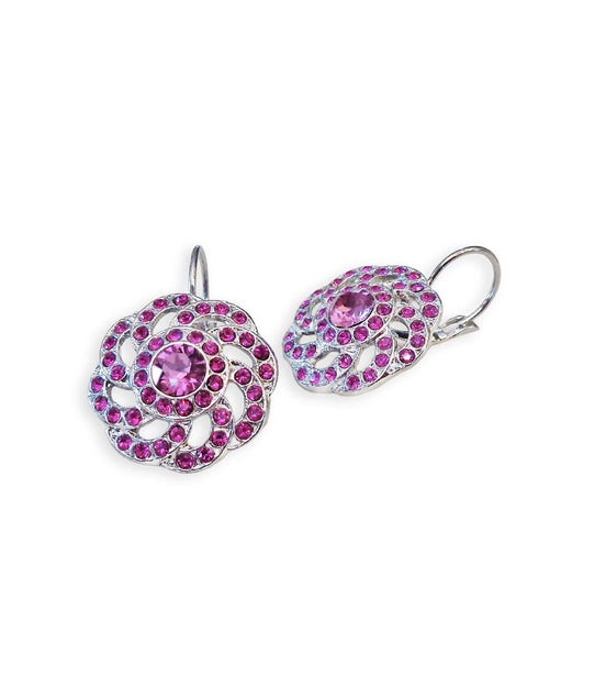 HARLOW crystal swirl design drop earrings,fuchsia,rhodium silver