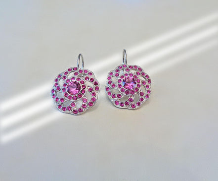 HARLOW crystal swirl design drop earrings,fuchsia,rhodium silver