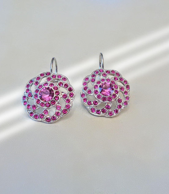 HARLOW crystal swirl design drop earrings,fuchsia,rhodium silver