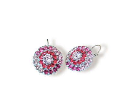 ROSY Large crystal floral design drop earrings,pink shades,rhodium silver