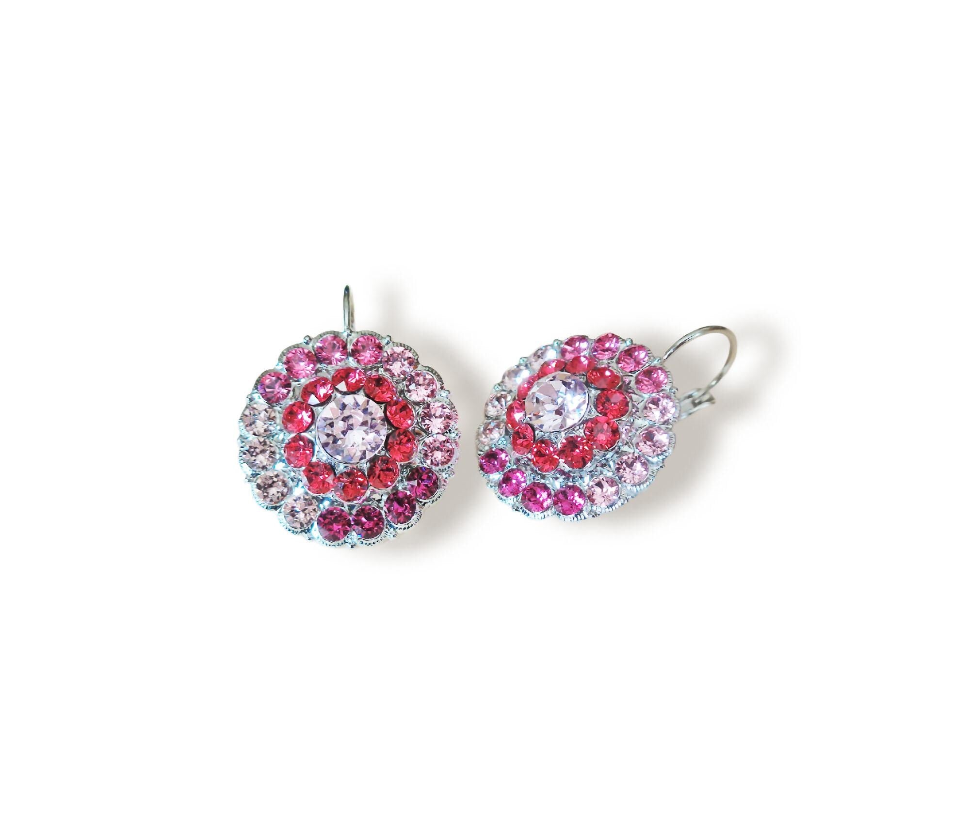 ROSY Large crystal floral design drop earrings,pink shades,rhodium silver