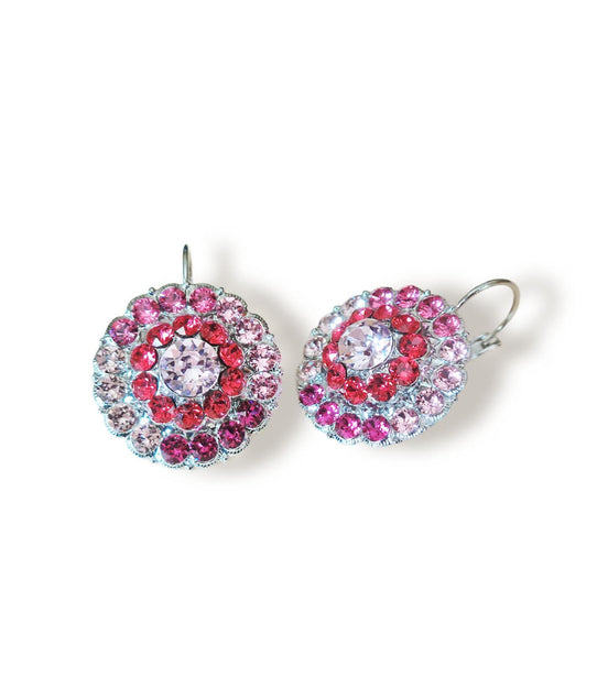 ROSY Large crystal floral design drop earrings,pink shades,rhodium silver