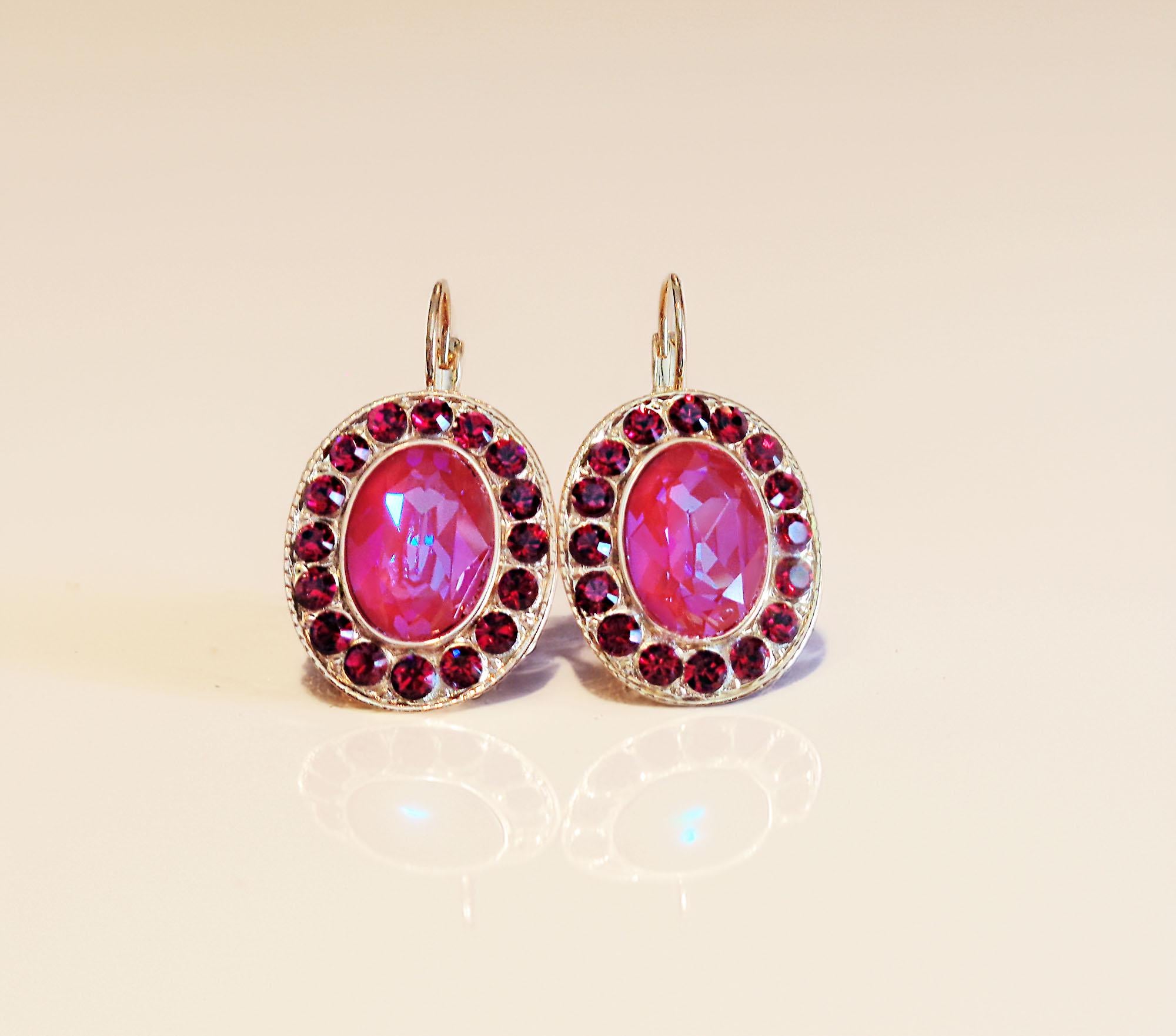 AMANDA,crystal oval drop earrings,ruby,lotus pink ,yellow gold