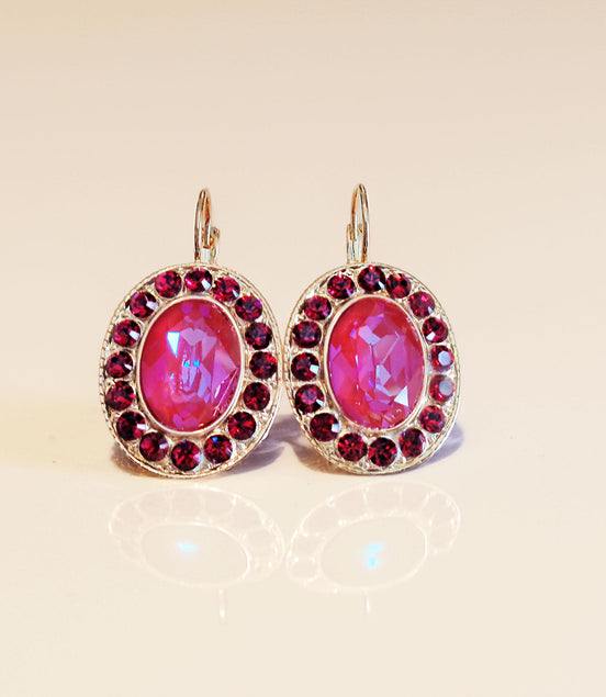 AMANDA,crystal oval drop earrings,ruby,lotus pink ,yellow gold