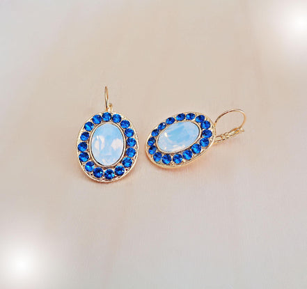 GEMMA Crystal  large oval drop earrings white opal,blue, gold plated