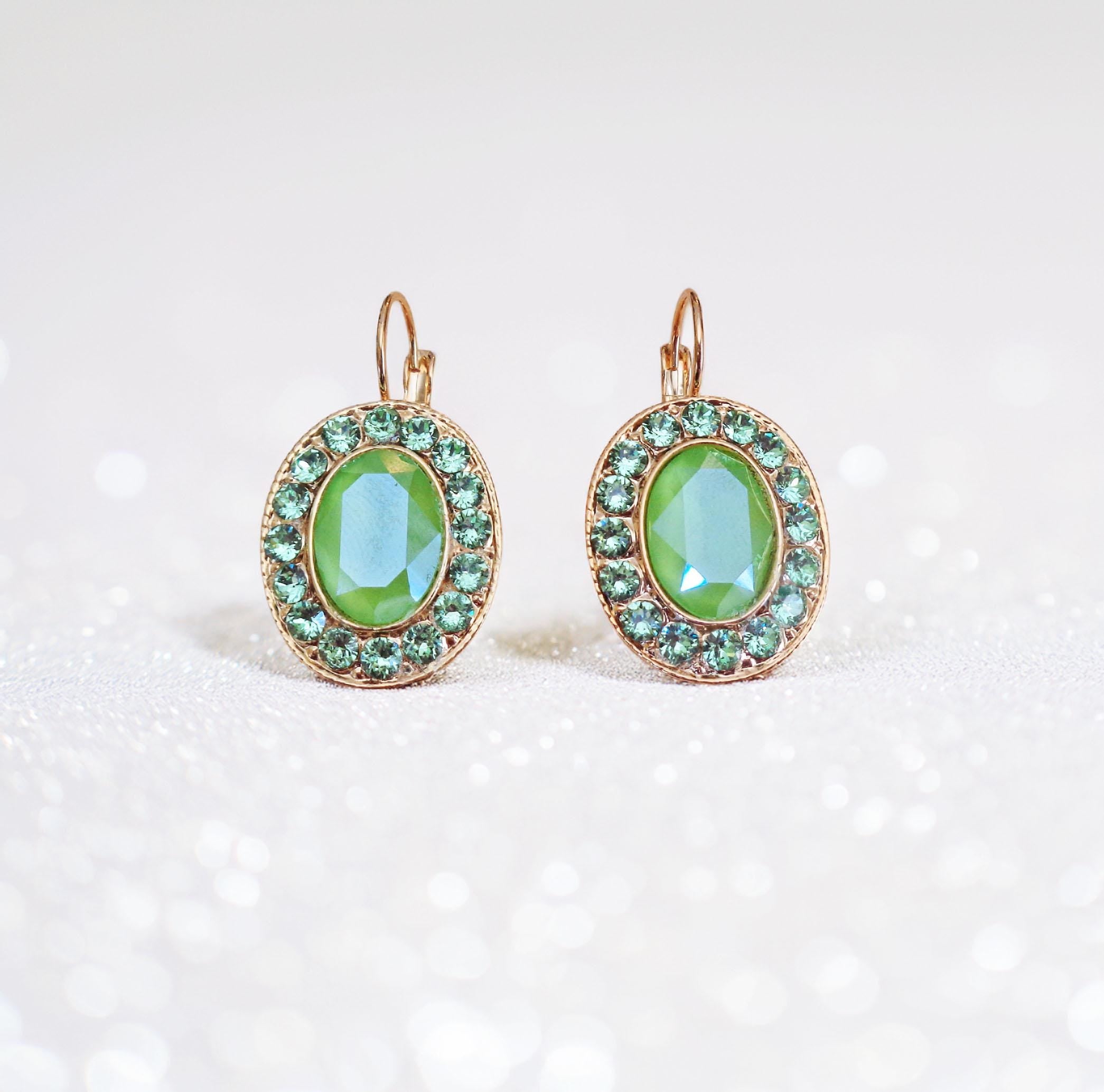 DAPHNE Crystal  large oval drop earrings peridot green, gold plated