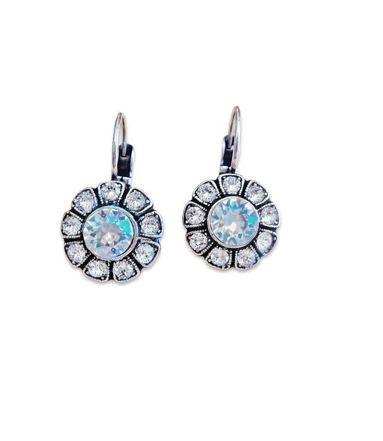 ESTELLE crystal floral drop earrings,clear crystal shimmer,antique silver