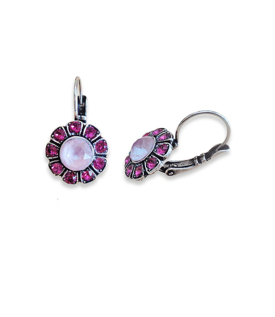 CASSIA crystal floral drop earrings,pink ,antique silver