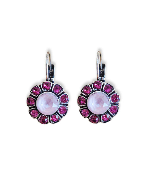 CASSIA crystal floral drop earrings,pink ,antique silver