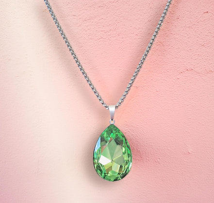 Crystal  large pear drop pendant necklace,peridot,stainless steel
