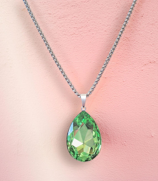 Crystal  large pear drop pendant necklace,peridot,stainless steel