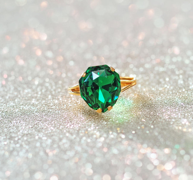 Crystal majestic stone ring ,green,gold plated